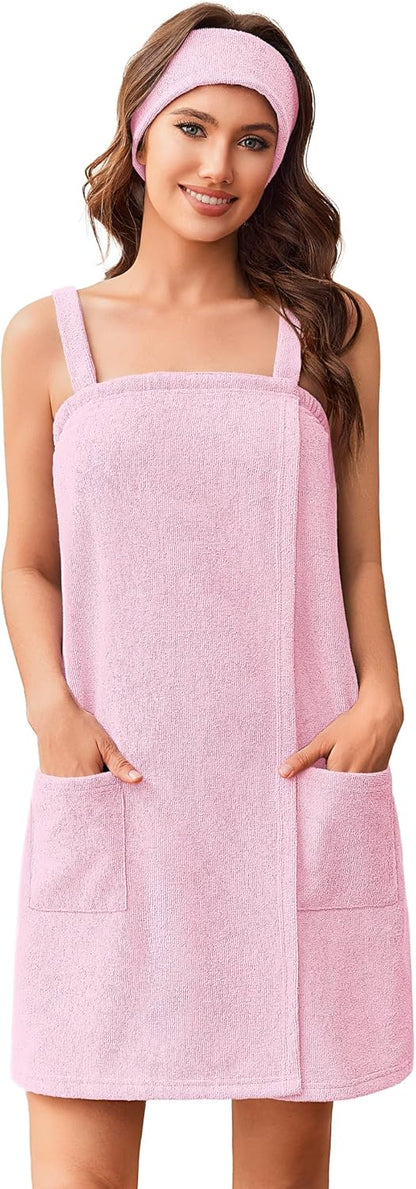 Ekouaer Towel Wrap for Women Spa Bath Robe Lightweight Terry Cloth Wrap Adjustable Shower Robe with Headband S-XL