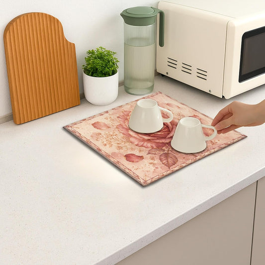 Rose Dish Drying Mats for Kitchen Counter, Blush Peach Vintage Absorbent Dish Drainer Rack Mat, Spring Floral Microfiber Drying Pad for Kitchen Counter 16x18 Inch