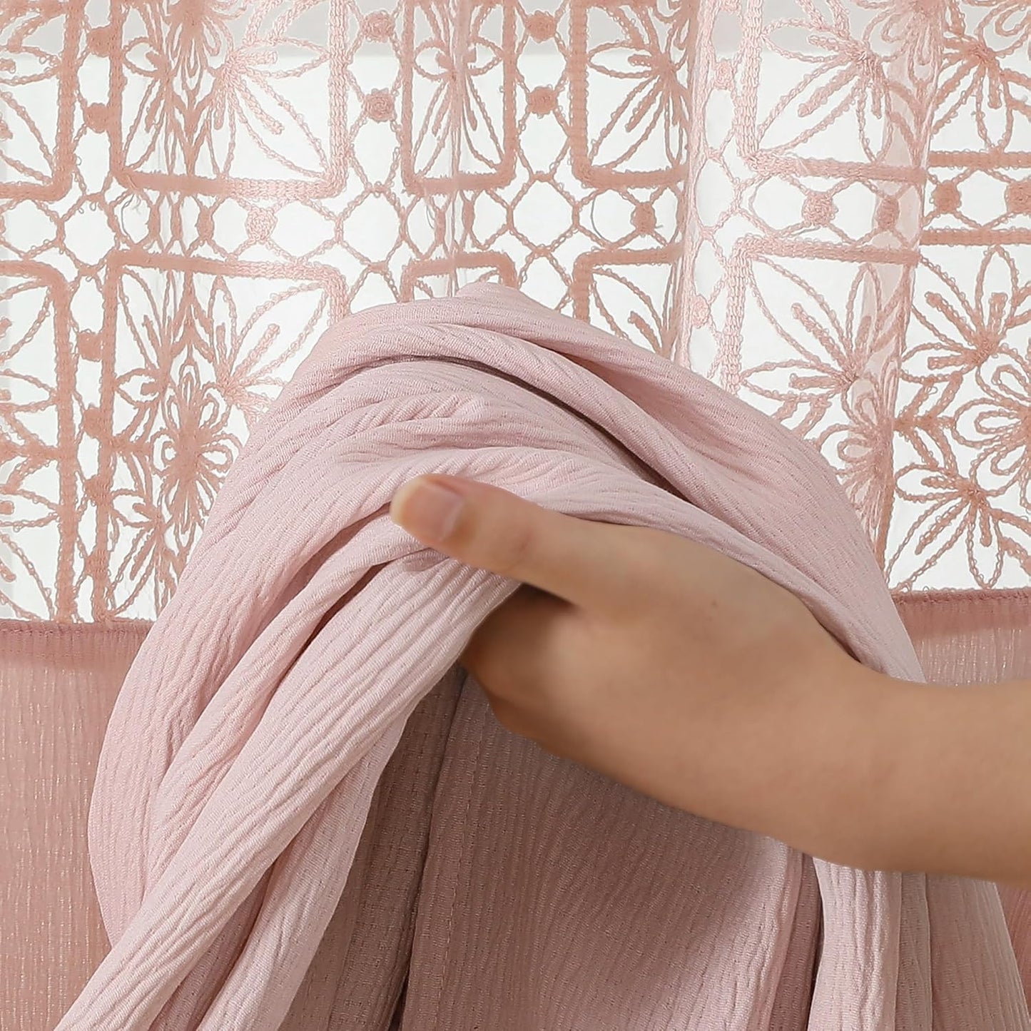 OVZME Blush Pink Boho Shower Curtain 72 Inch Long for Bathroom, Heavy Weighted Textured Crinkle Fabric Shower Curtains with Embroidery Cutwork, Machine Washable Elegant Luxury Bath Curtain, 72Wx72L