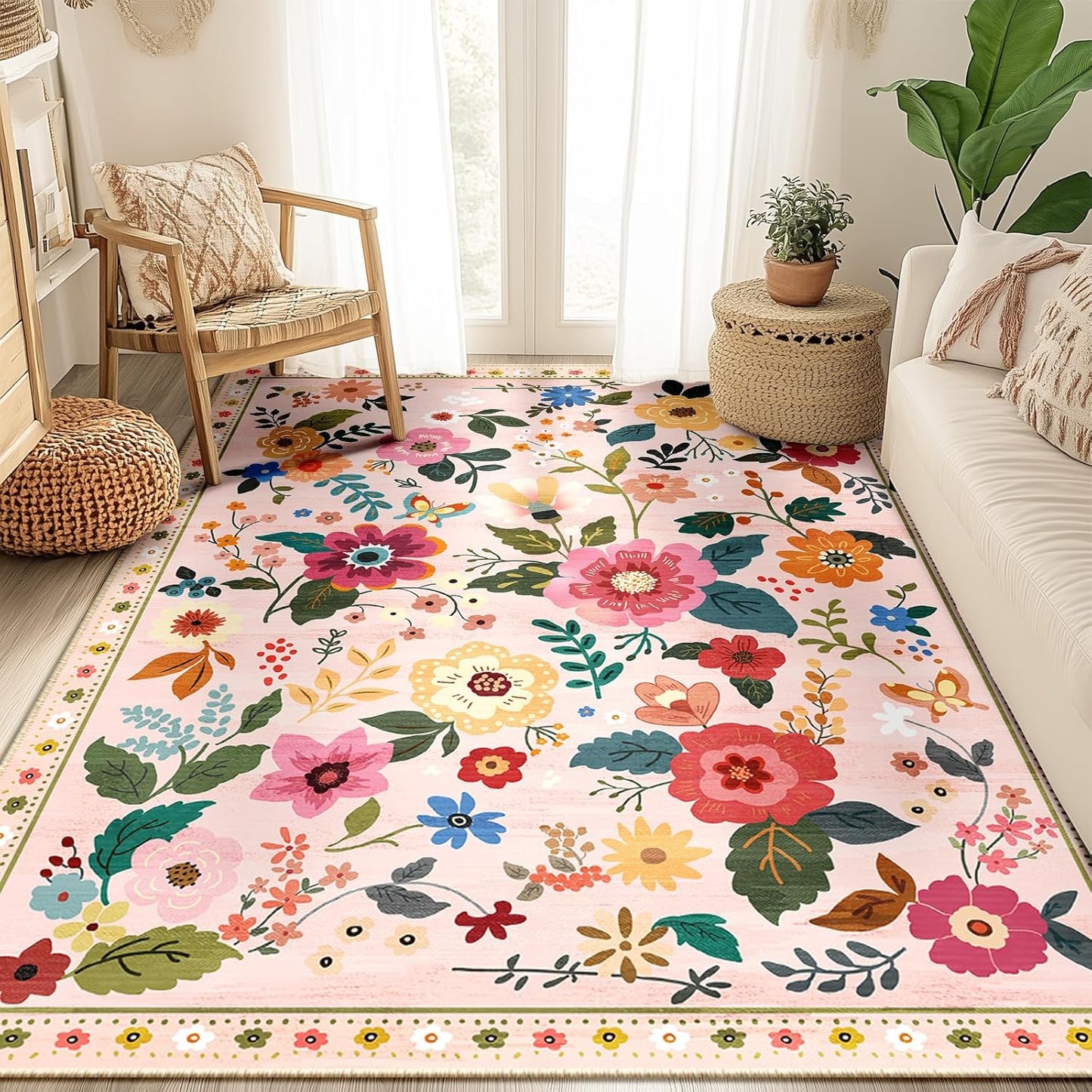 RELEANY Floral 5x7 Area Rug Machine Washable Soft Print Boho Carpet Non Slip Doormat Low Pile Flower Area Rugs for Living Room Bedroom Nursery Kitchen Dining Room Indoor-Pink