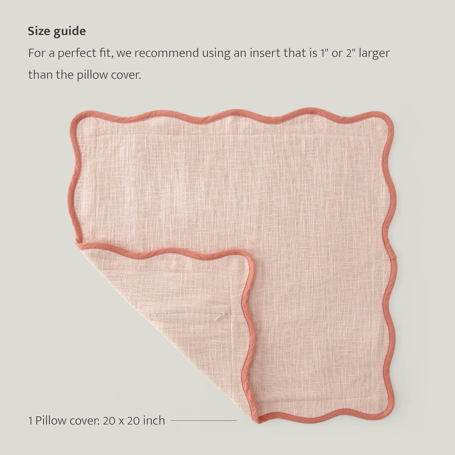 Double Stitch Scalloped Throw Pillow Covers - 100% Cotton Decorative Boho Pillow Covers 20 x 20, Made in India, Square Cushion Case, Modern Home Decor for Couch Sofa Living Room, Shell Pink