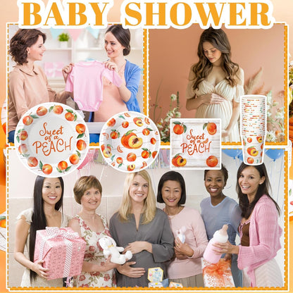 Domensi 250 Pcs Sweet As A Peach Baby Shower Party Decorations for Girls Disposable Paper Plates Napkins Cups Tableware Set for 50 Guests Peach Bride Shower Supplies for Weeding Birthday Party