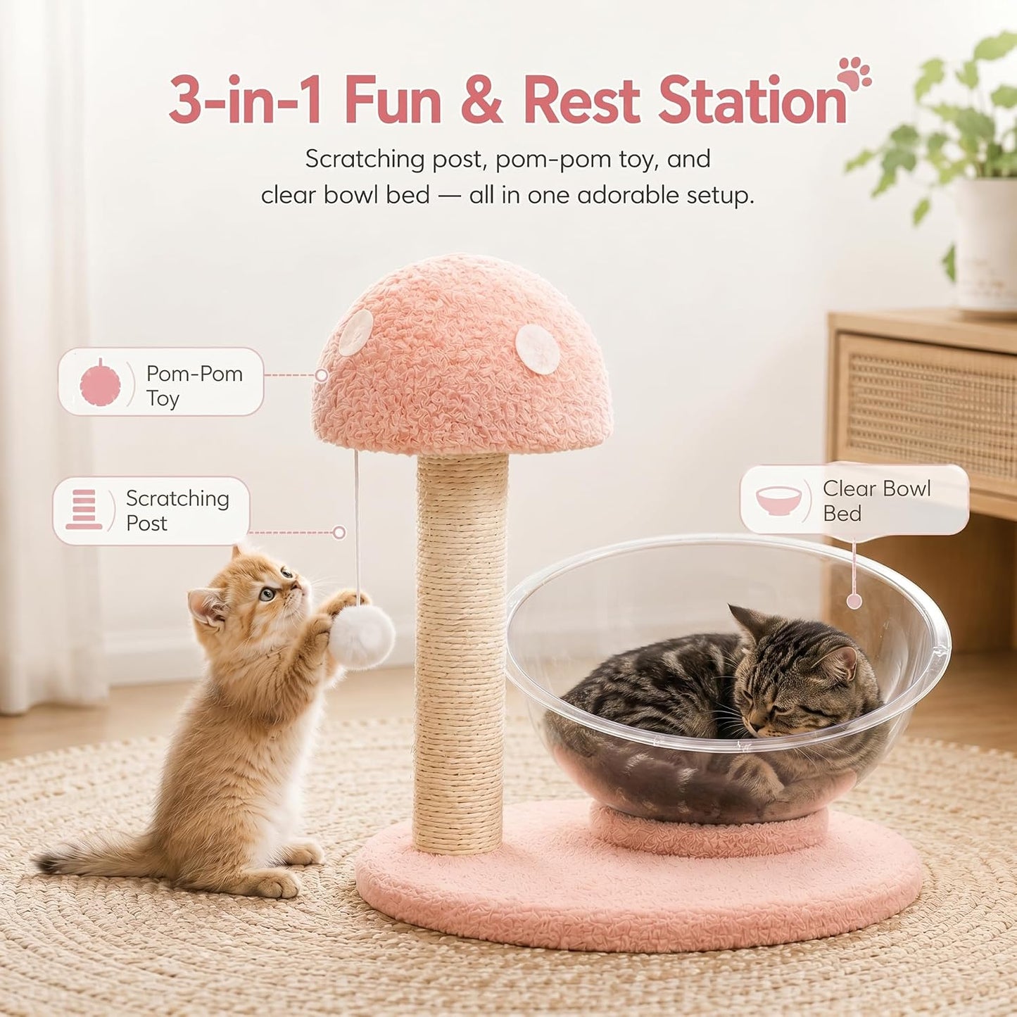 Mushroom Cat Tree for Kittens and Small Cats, 14.17" Cat Scratching Post with Clear Bowl Bed, Pink Sisal Scratcher with Pom Pom Toy, Stable Plush Base, Easy Assembly for Indoor Cats