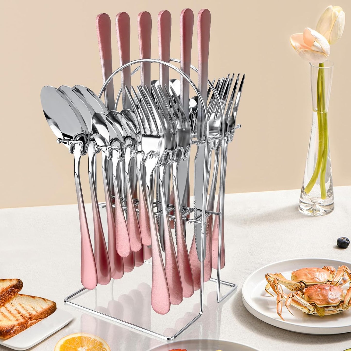 Caliamary 24-Piece Stainless Steel Flatware Set with Silverware Organizer - Includes Dinner Forks,Knives,Spoons,Coffee Spoon - Modern Silverware for 6,Dishwasher Safe & Rustproof (Pink Silver)