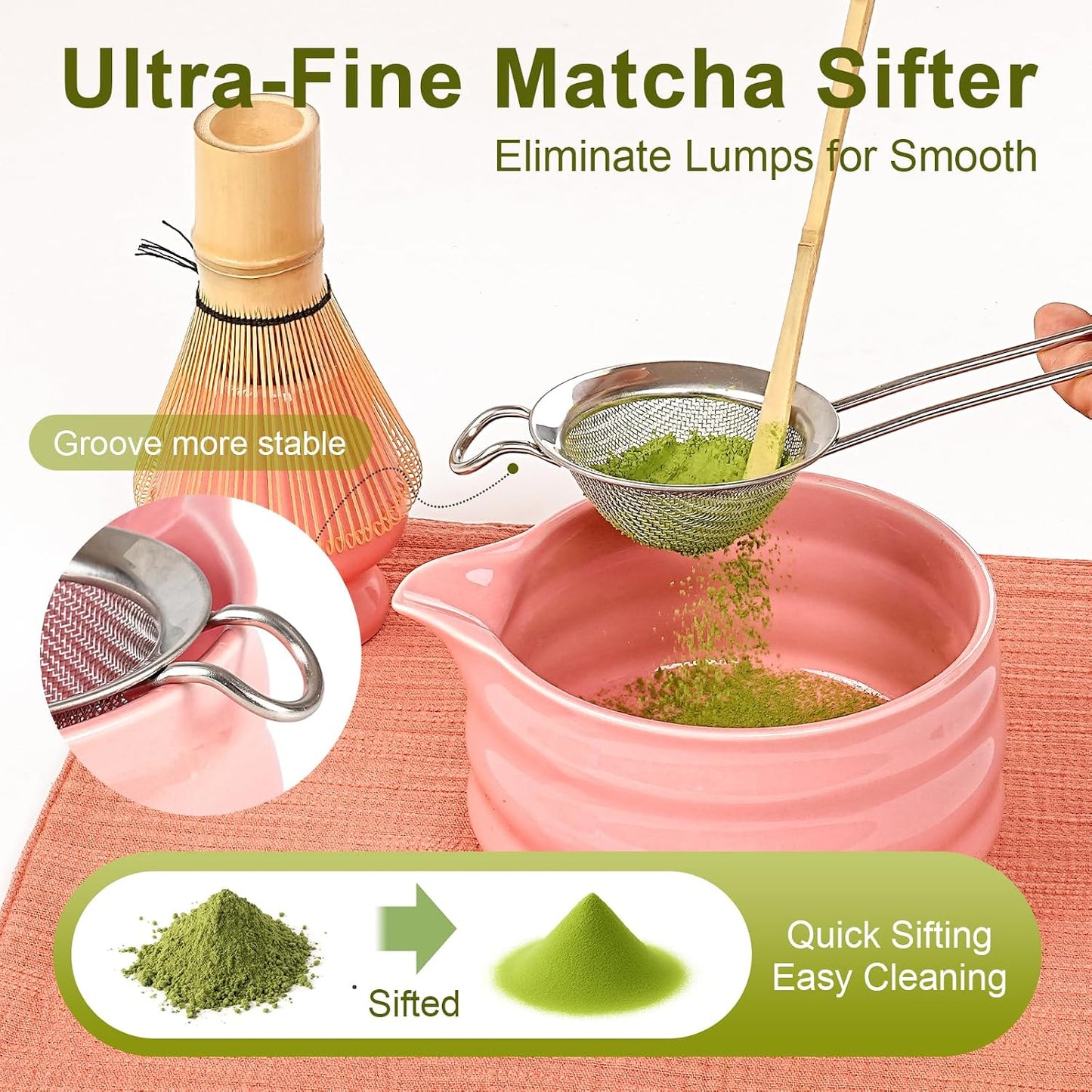 Matcha Whisk Set – 7-Piece Matcha Set & Complete Matcha Kit with Glossy Pink Ceramic Bowl, Bamboo Chasen, Sifter – Coffee Alternative, All-in-One Lattes & Tea Ceremony, Gift for Her (Pink)