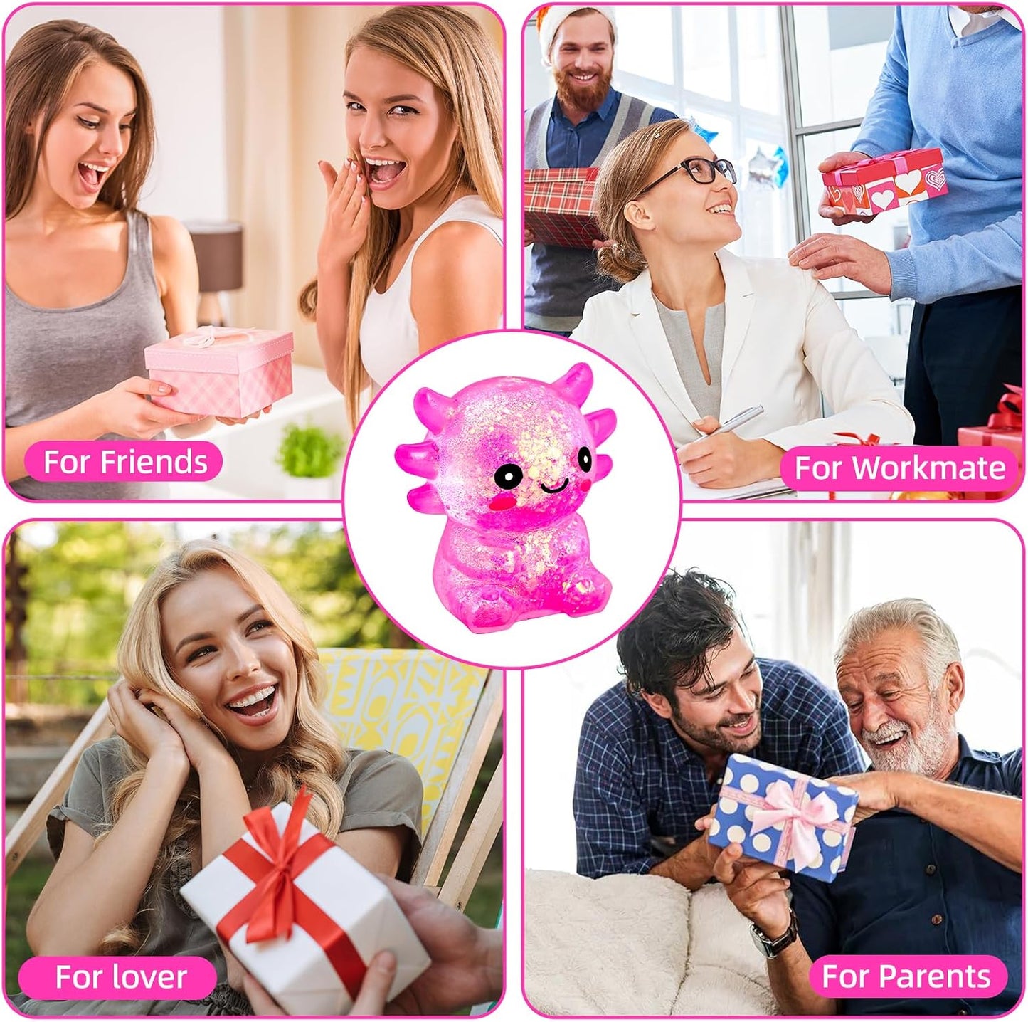 Squishy Fidget Stress Axolotl Toy, Axolotl Squishy Malt Sugar Stress Balls for Adults Kids, Cute Animal Sensory Toys, Squeeze Stretchy Axolotl Stress Toys for Party Favors (Pink)