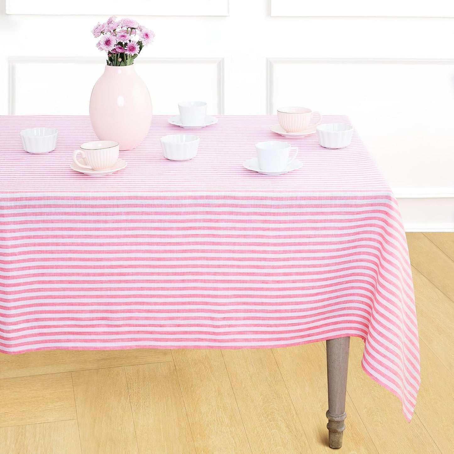 Solino Home Linen Tablecloth 60 x 120 Inch - Amalfi Stripe 100% Pure Linen Pink and White Table Cloth for Rectangle Tables - Machine Washable Tablecloth for Summer
