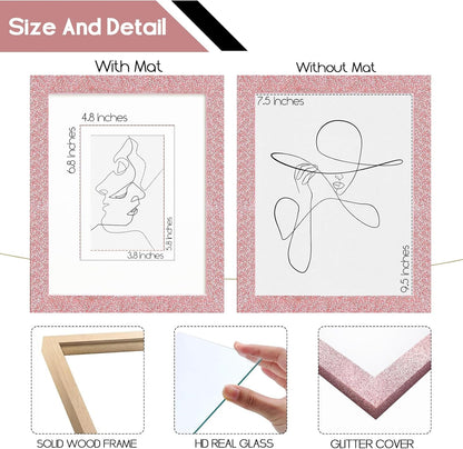 8x10 Picture Frame with 5x7 ＆ 4x6 Mat, Glitter Frame with Real Glass and Solid Wood, Sparkle Photo Frame for Tabletop or Wall Mount, Horizontal or Vertical Display(Light Pink)