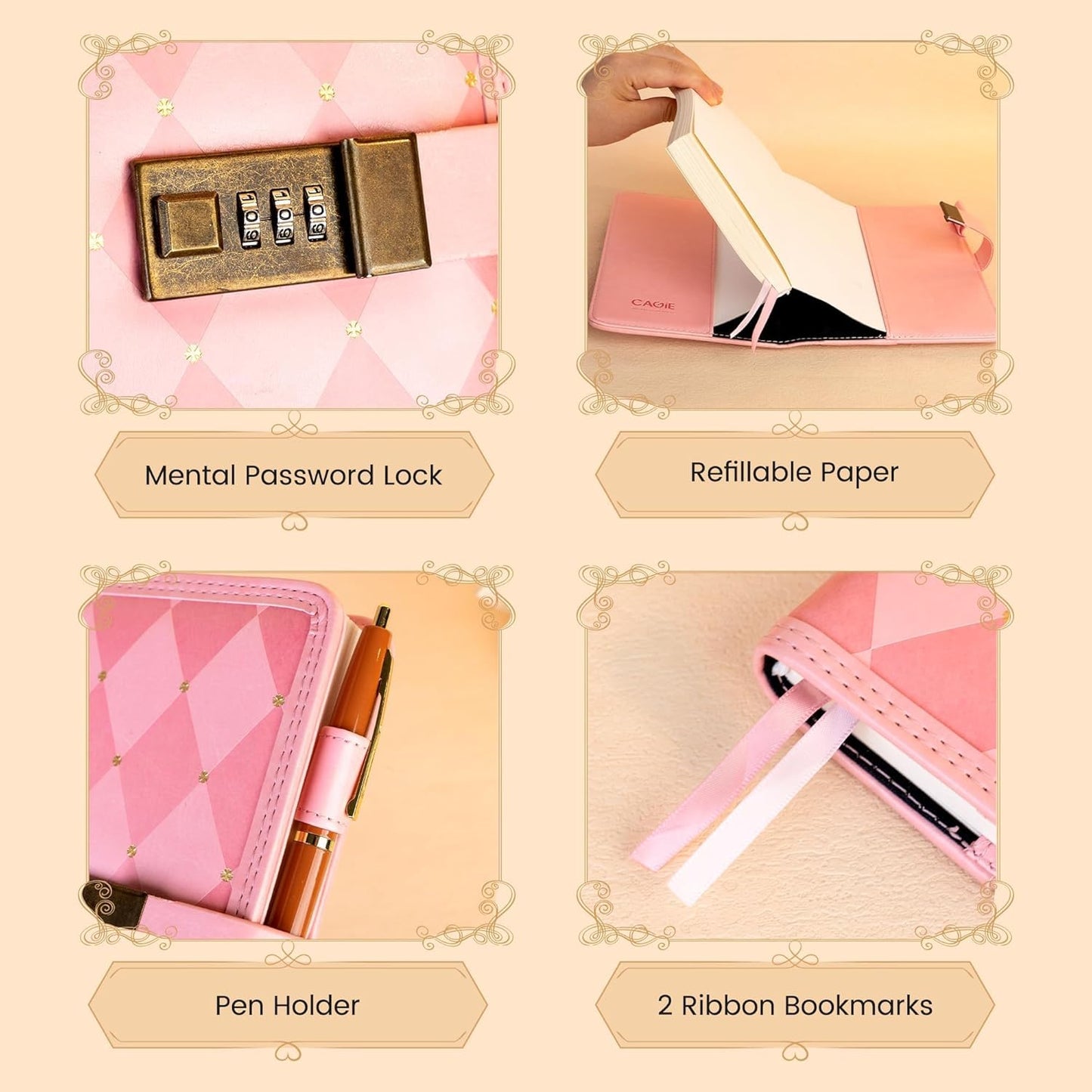 CAGIE Diary with Lock for Girls Women Pink Vintage Journal with Lock Refillable Leather Locked Diary 224 Pages Secret B6 Lockable Journals with Gift Box for Teen Girls 8.0 x 5.5 Inch