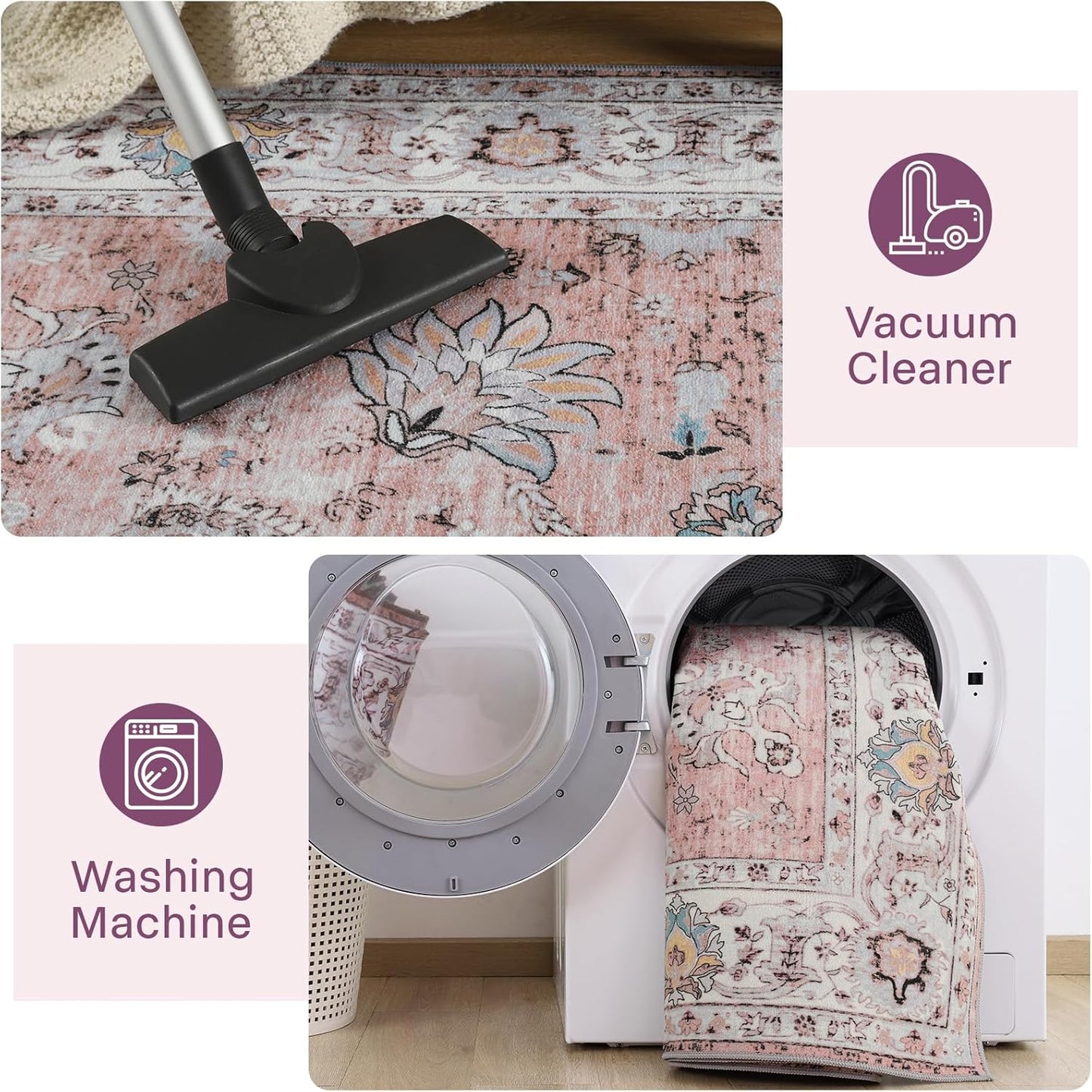 3x5 Washable Bedside Pink Rug, Vintage Floral Rugs for Girl Bedroom Non Slip Low-Pile Stain Resistant Printed Carpets Entryway Rugs