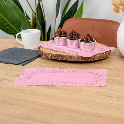 Restaurantware-Pastry Tek 12 x 7 Inch Paper Lace Doilies, 100 Rectangle Disposable Table Doilies - Elegant Lace Finish, Long Lasting, Pink Paper Lace Doilies, for Pastries, Cupcakes, Desserts