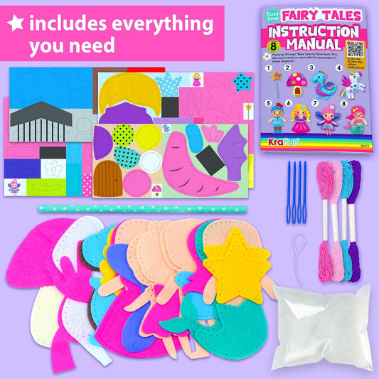 KRAFUN Easy Sew Fairy Tales Sewing Kit for Kids Beginners, Make 8 DIY Felt Plush Toys with Pre-Punched Holes, Arts & Crafts for Girls Ages 5-10