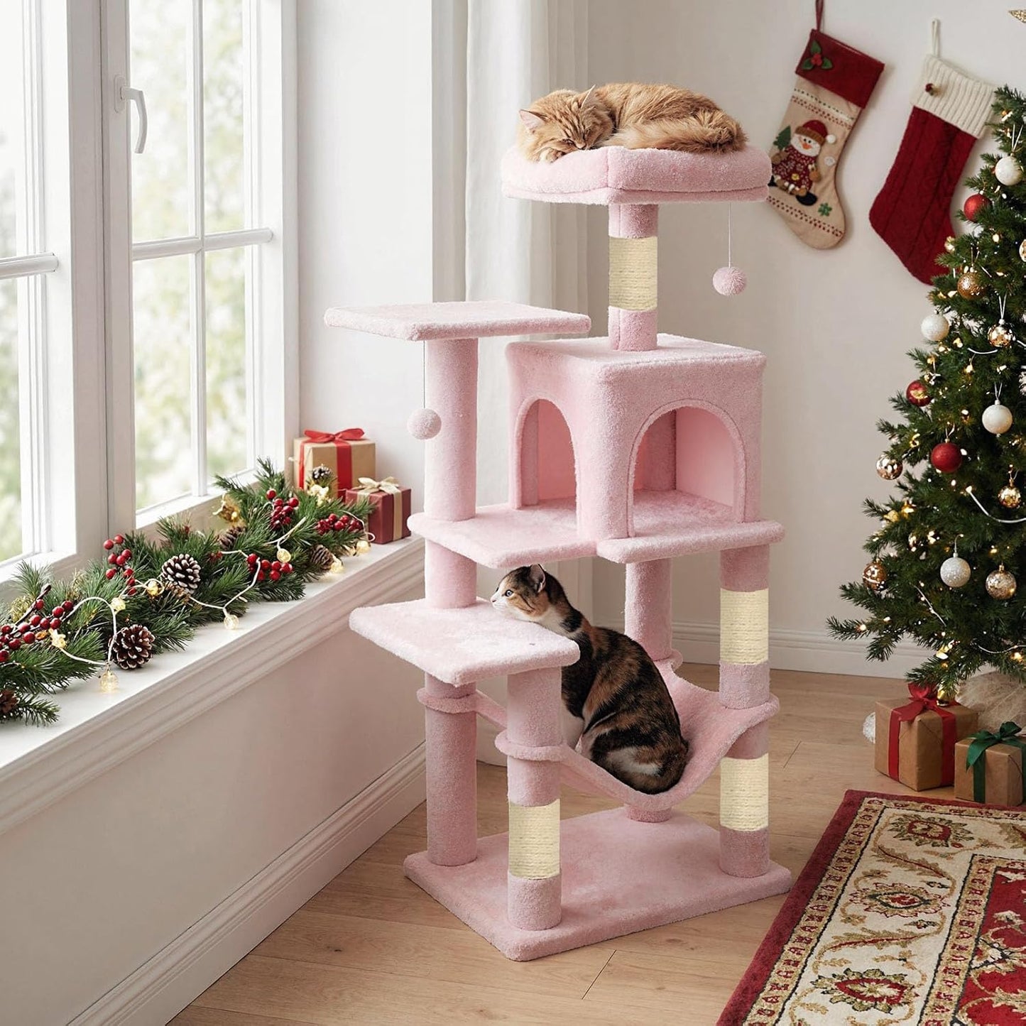 Tangkula Pink Cat Tree, 44 Inch Multi-Level Cat Tower with Sisal Scratching Posts, 2-Door Condo, Padded Top Perch & Hammock, 2 Hanging Balls, Jumping Platforms for Indoor Cats (Pink)