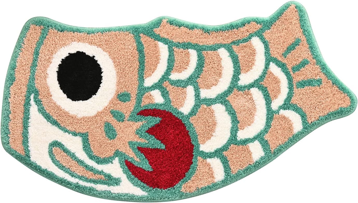Cute Fish Bath Mat for Bathroom, Japanese Style Koi Flag Soft Non-Slip Mats, Pink Green Water Absorbent Shower Rug, Machine Washable Floor Carpet