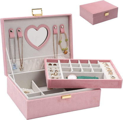 Dajasan Jewelry Box for Teen Girls Women, 2 Layers Jewelry Organizer with Mirror, Removable Jewelry Tray, Jewelry Storage Case, Gift Idea for Teenagers, Striped Velvet (Pink)