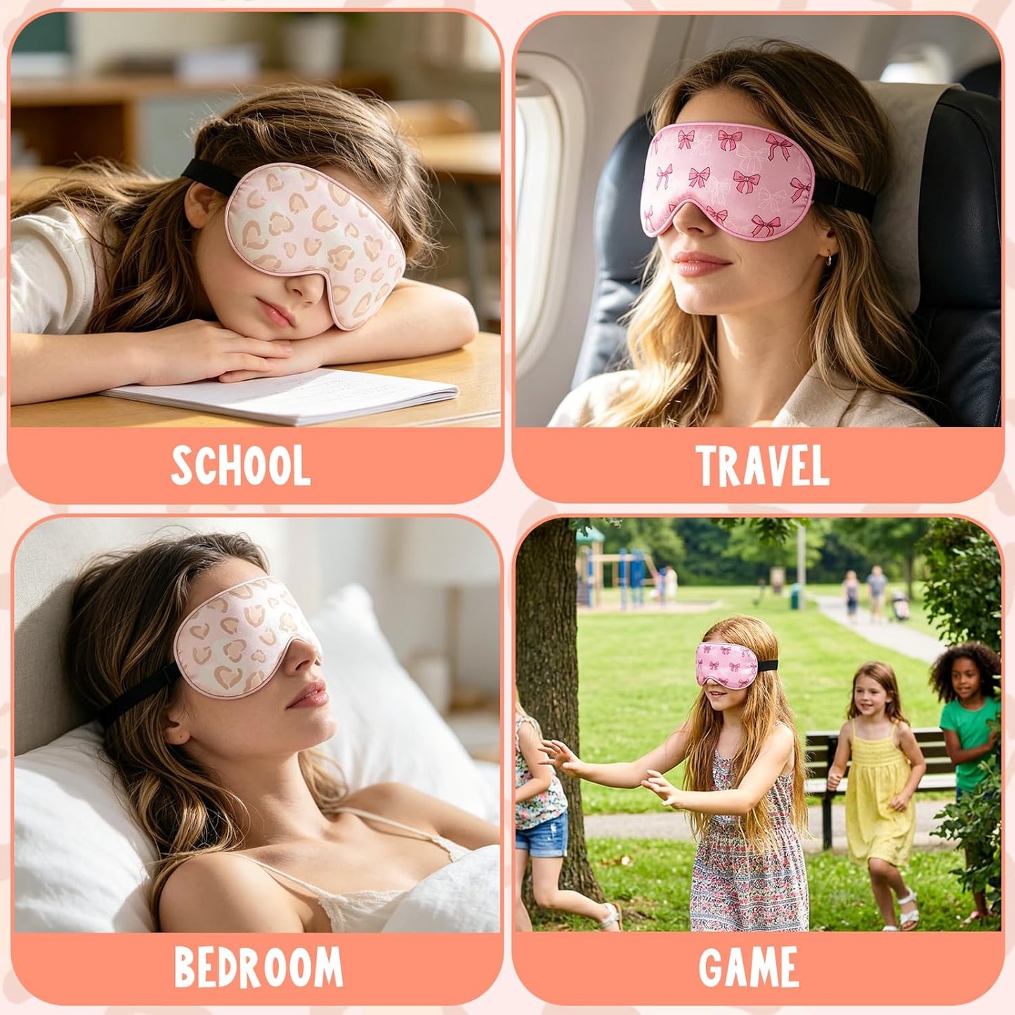 OlyPegic 2 Pcs Girls Sleep Masks for Women Girls Silk Eye Mask Sleeping Eye Masks Women with Adjustable Strap Soft Lightweight Eye Cover Pink Bow Blindfold Shade Light Blocking Travel Home Use
