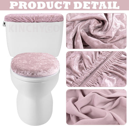 Stretch Velvet Toilet Lid Cover and Tank Lid Cover Set With Elastic Bottom for Bathroom Decor (Pink)