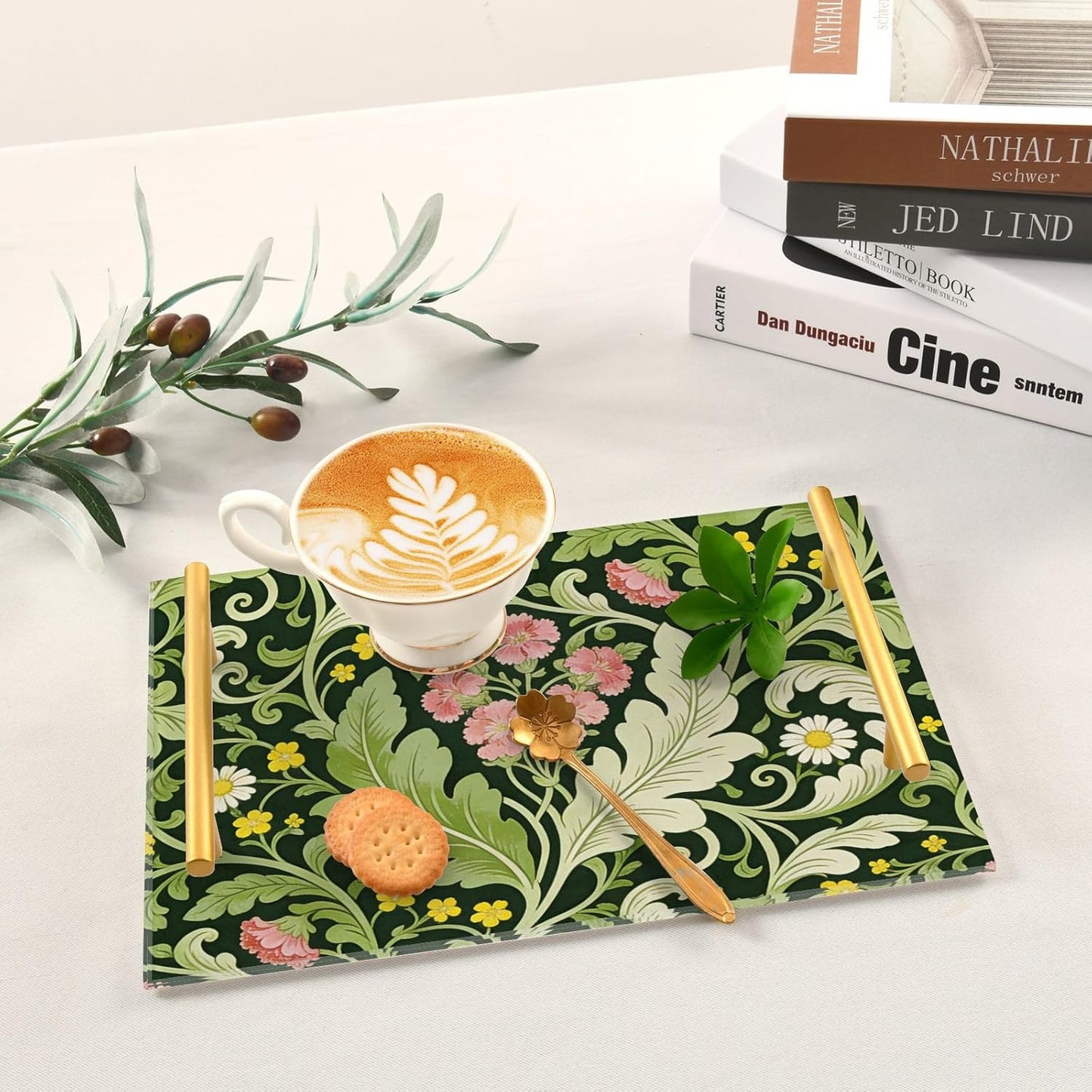 Pink Carnation Green Leaves William Morris Decorative Serving Tray with Handles Long Serving Tray for Jewelry Perfume for Bed Serving bandejas para desayuno personalizado
