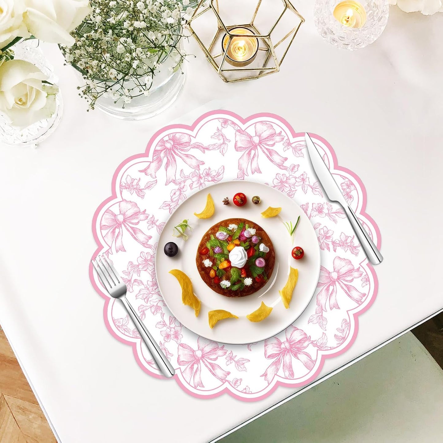 FYSUIMU 60Pcs Pink Floral Bow Scalloped Paper Placemats 13.5 Inch Vintage Flower Bow Disposable Place Mats Chinoiserie Table Mats for Coquette Party Dinner Table Setting