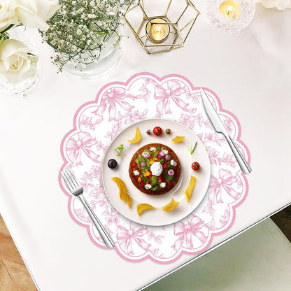 FYSUIMU 60Pcs Pink Floral Bow Scalloped Paper Placemats 13.5 Inch Vintage Flower Bow Disposable Place Mats Chinoiserie Table Mats for Coquette Party Dinner Table Setting
