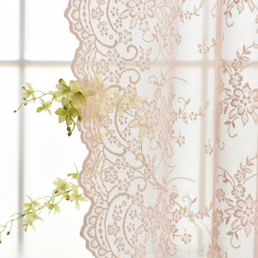 Kotile Blush Lace Curtains 45 Inch Length, Country Vine Floral Pattern Vintage Sheer Lace Curtains for Girls Room, Privacy Short Curtains 2 Panels Set, 52 x 45 Inch, Blush Pink