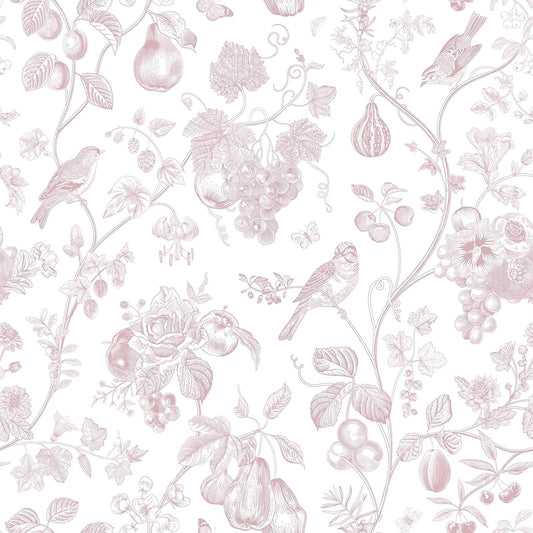 VEELIKE Blush Pink Toile Wallpaper Peel and Stick Floral Wallpaper with Birds Fruits 17.7''x118'' Self Adhesive Contact Paper Removable Chinoiserie Wall Paper for Girls Bedroom Nursery Powder Room