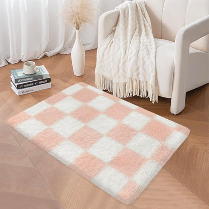 Soft Small Area Rug 2x3 for Bedroom Pink Checkered Rug Plush Shag Carpet for Kids Room Shaggy Throw Rugs Non Silp Indoor Entrance Door Mat for Living Room Dorm Nursery