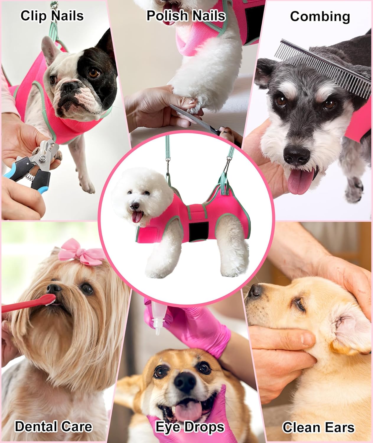 Kkiimatt Dog Grooming Hammock,XS Pink Hanging Harness Holder for Nail Clipping/Trimming,Grooming Sling Hanger with Thick Fabric Neck Support,Strap Restraint for Claw Care
