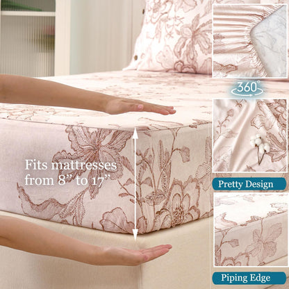 Zusbest King Size Sheets Pink Floral Sheet Set 400TC 100% Cotton Flannel-Like Warm Luxury Bed Sheet Set 4Pcs, Button Closure Double Brushed Extra Soft Breathable Toile Printed Deep Pocket 17‘’