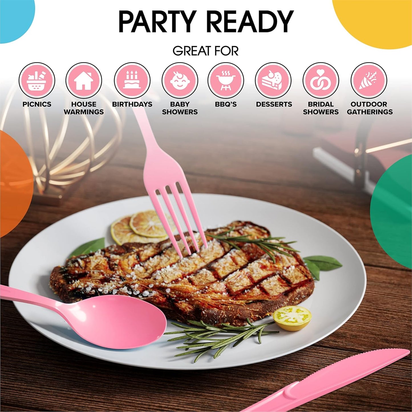 Party Solids Pink Plastic Spoons 100 Pieces Pink Spoons Disposable Utensils Heavy Duty Plastic Cutlery Set Disposable Cutlery Sets Flatware Sets Silverware Set Party Supplies & Party Tableware