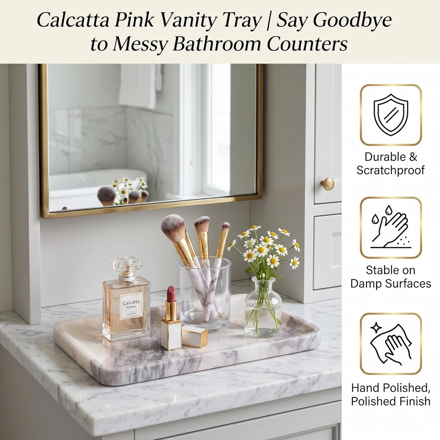 Calcatta Pink Marble Vanity Tray for Bathroom Counter-12 X7 Decorative Tray for Perfume, Candles, Stone Jewelry Dish Tray