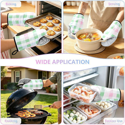 Oven Mitt 2 Pack Set Light Pink and Green Plaid Kitchen Mitts Gloves for for Cooking Baking Grilling