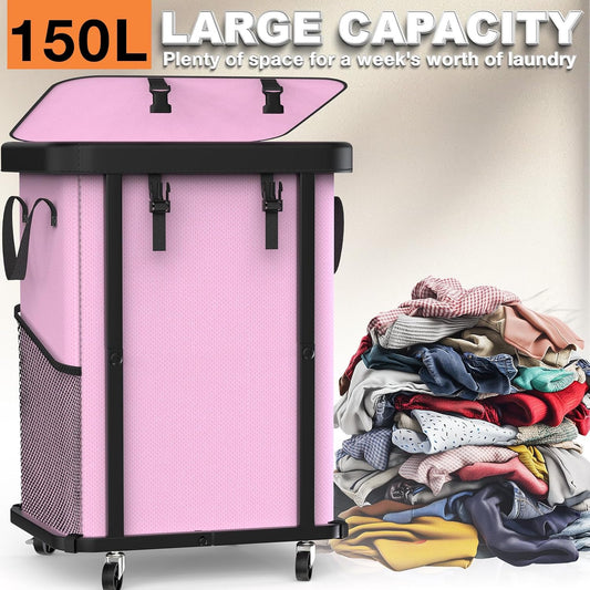150L (40 Gal) Large Fashion Laundry Basket with Wheels, Leather Patchwork Rolling Hamper Carts, Sturdy Metal Frame, Removable Washable Bag, Tall Clothes Sorter for Bedroom (Pink, 1 Section-150L)