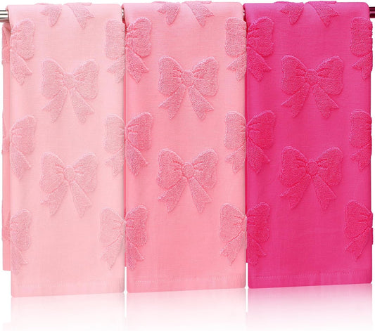 Lyrow 3 Pcs Pink Bow Hand Towels Set for Bathroom Coquette Bow Hand Towels 100% Cotton Absorbent Decorative Jacquard Weave Washcloths Bath Decor Preppy Bathroom Decor Gift, 13.7 x 29.5 Inch