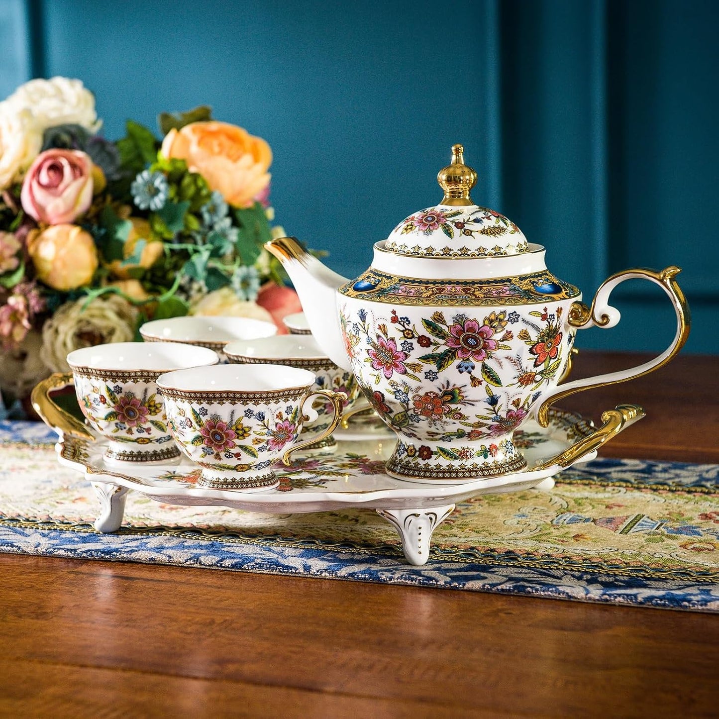 ACMLIFE Fine Bone China Tea Set, 13-Piece English Tea Set for Adults, Afternoon Tea Sets for Women Tea Party or Gift Giving, Pink and Gold