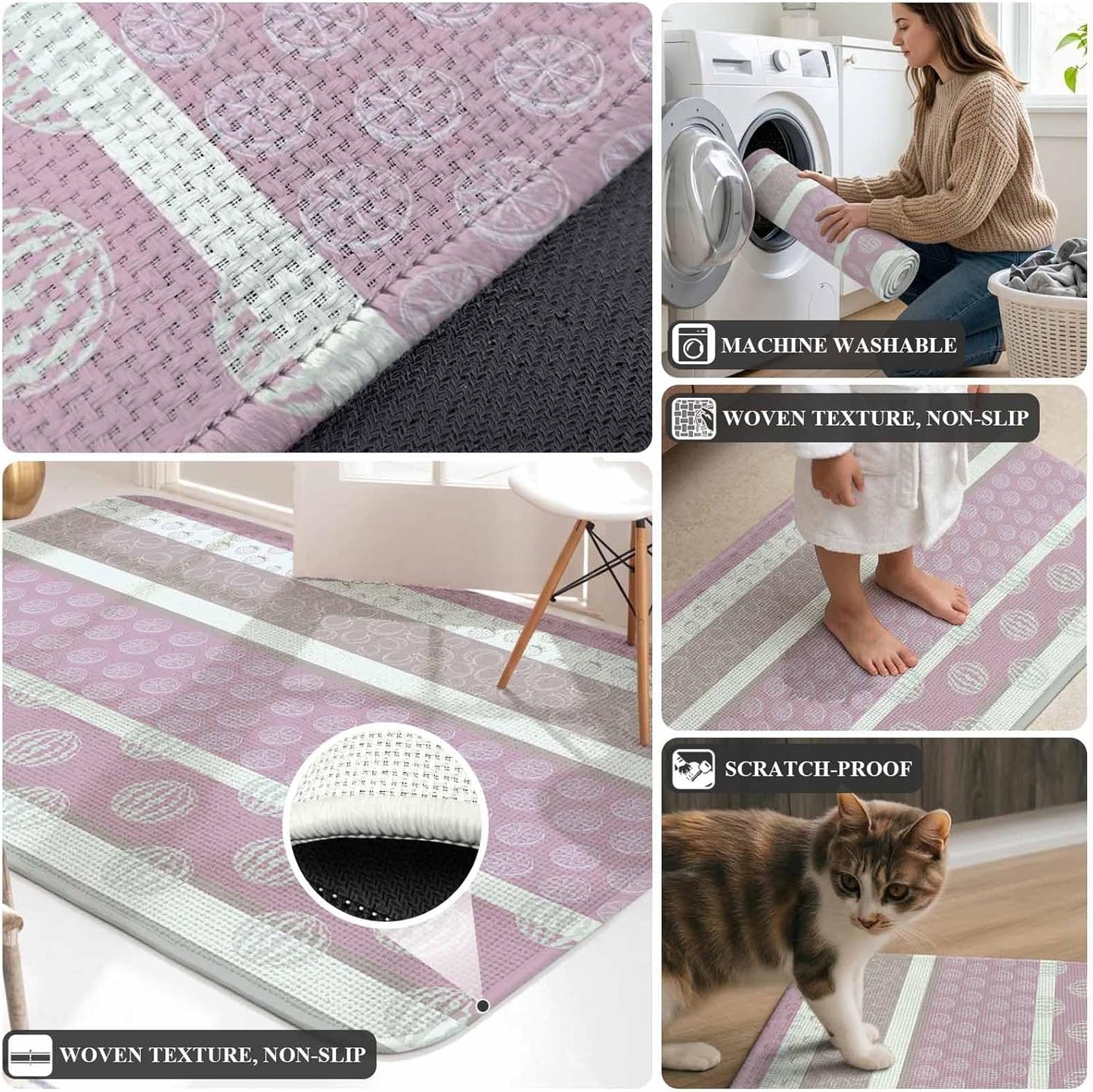 Bathroom Rugs 31.5x47.2 Inch, Farm Fruits Non Slip Rugs Washable Low Pile, Watermelon Lemons Peach Pink Grey Striped Front Door Mat Entryway Rug with Rubber Backing