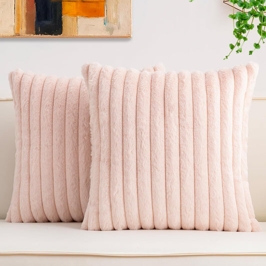 Aegero Pack of 2 Faux Fur Christmas Throw Pillow Covers 18x18 Inch, Soft Plush Striped Neutral Couch Pillow Cover, with Velvet Back Modern Home Decor for Sofa Living Room Couch Bed Light Pink