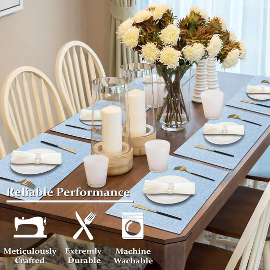 Light Blue Cloth Placemats Set of 4, 19 x 13 inch Cotton Linen Blend Machine Washable Double Layered Place Mats, Heat Resistant Rectangular Fabric Dining Table Mats, Indoors/Outdoors (Light Blue, 4)