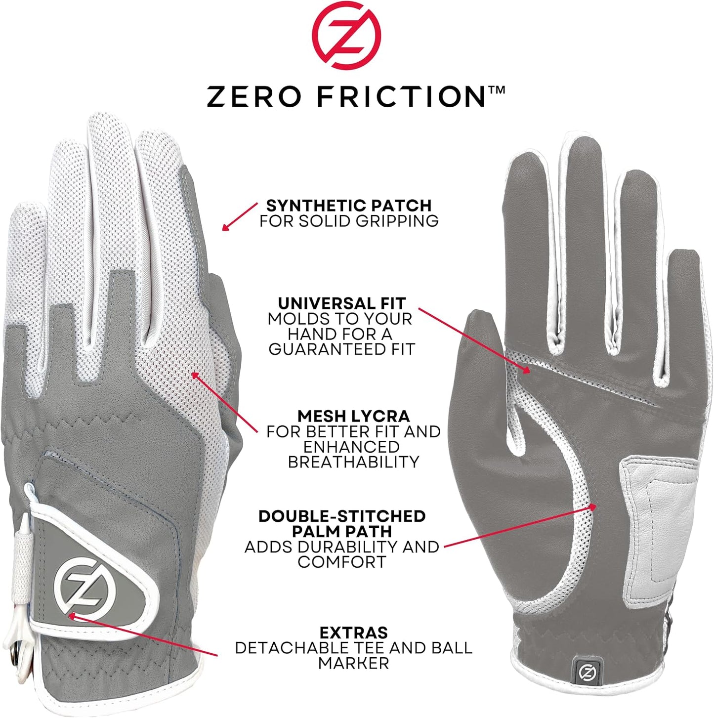 Zero Friction Women's Compression-Fit Synthetic Golf Gloves, Universal Fit