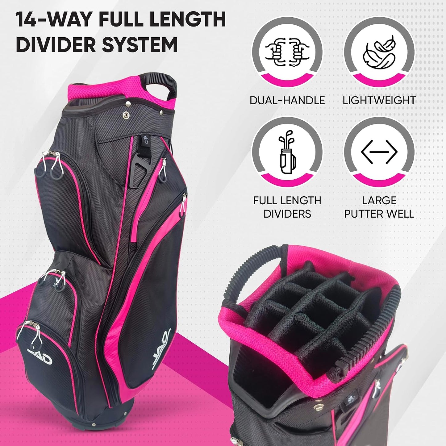JAD Lightweight Womens Golf Bag, Golf Cart Bag with Dual Handles for Women/Ladies, 14-Way Full-Length Top Dividers, Large Putter Well, Ultra Lightweight, Large Pockets for Accessories