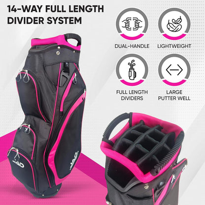 JAD Lightweight Womens Golf Bag, Golf Cart Bag with Dual Handles for Women/Ladies, 14-Way Full-Length Top Dividers, Large Putter Well, Ultra Lightweight, Large Pockets for Accessories