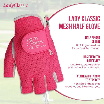 Mesh Half Golf Glove for Women – Premium Cabretta Leather Palm, Breathable Mesh Back, Half-Finger Design Ladies Golf Glove for Enhanced Grip & Comfort