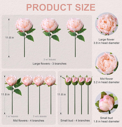 florisso Light Pink Peony Artificial Flowers - 11 Branches Silk Peonies for Vase Arrangements, Wedding Decor & Living Room Accents (Faux Flowers)