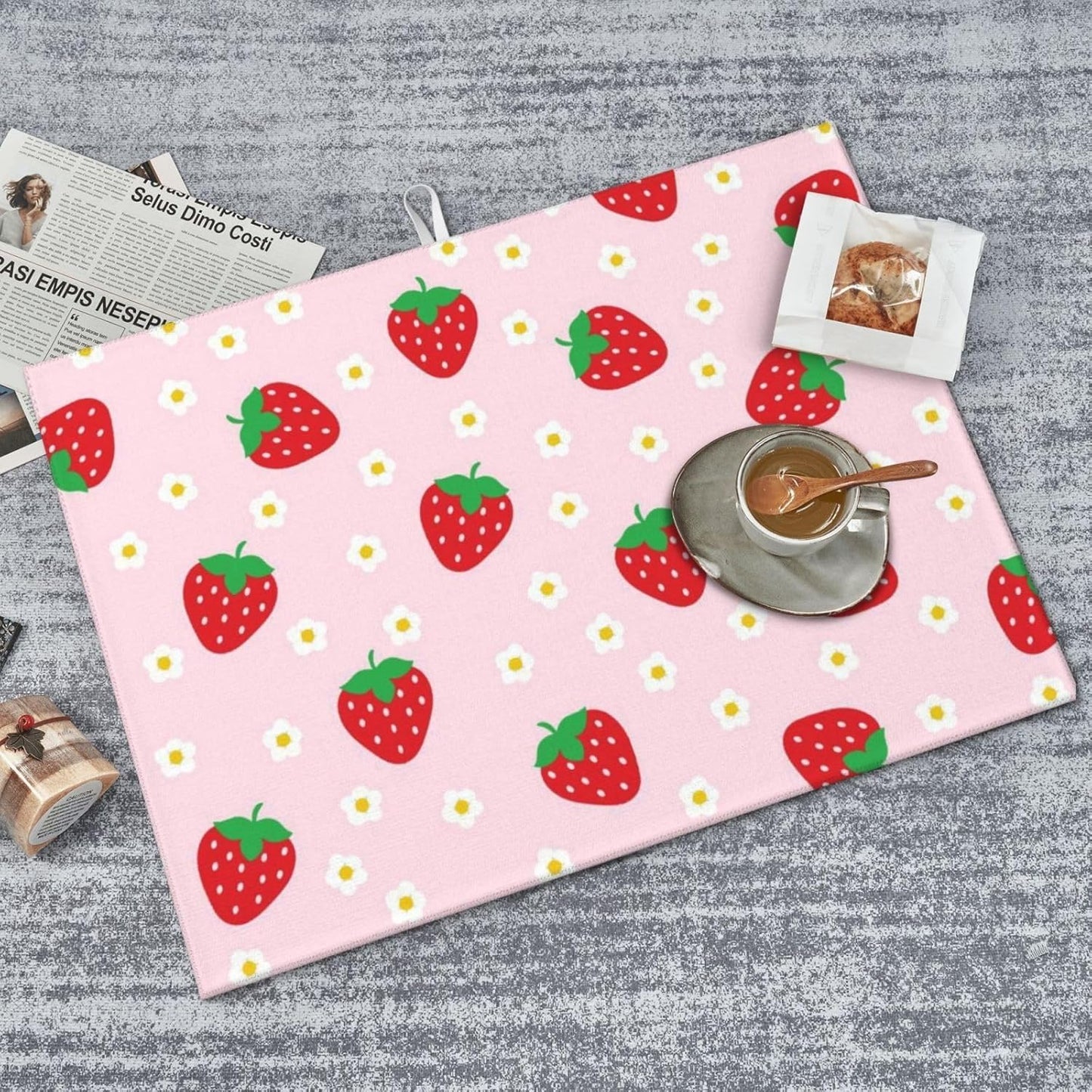 Strawberry Dish Drying Mat for Kitchen Counter Microfiber Absorbent Cute Pink Floral Fruits Kitchen Decor Draining Mat Extra Large Washable Dish Drainer Rack Mats Coffee Bar Accessories18"x24"