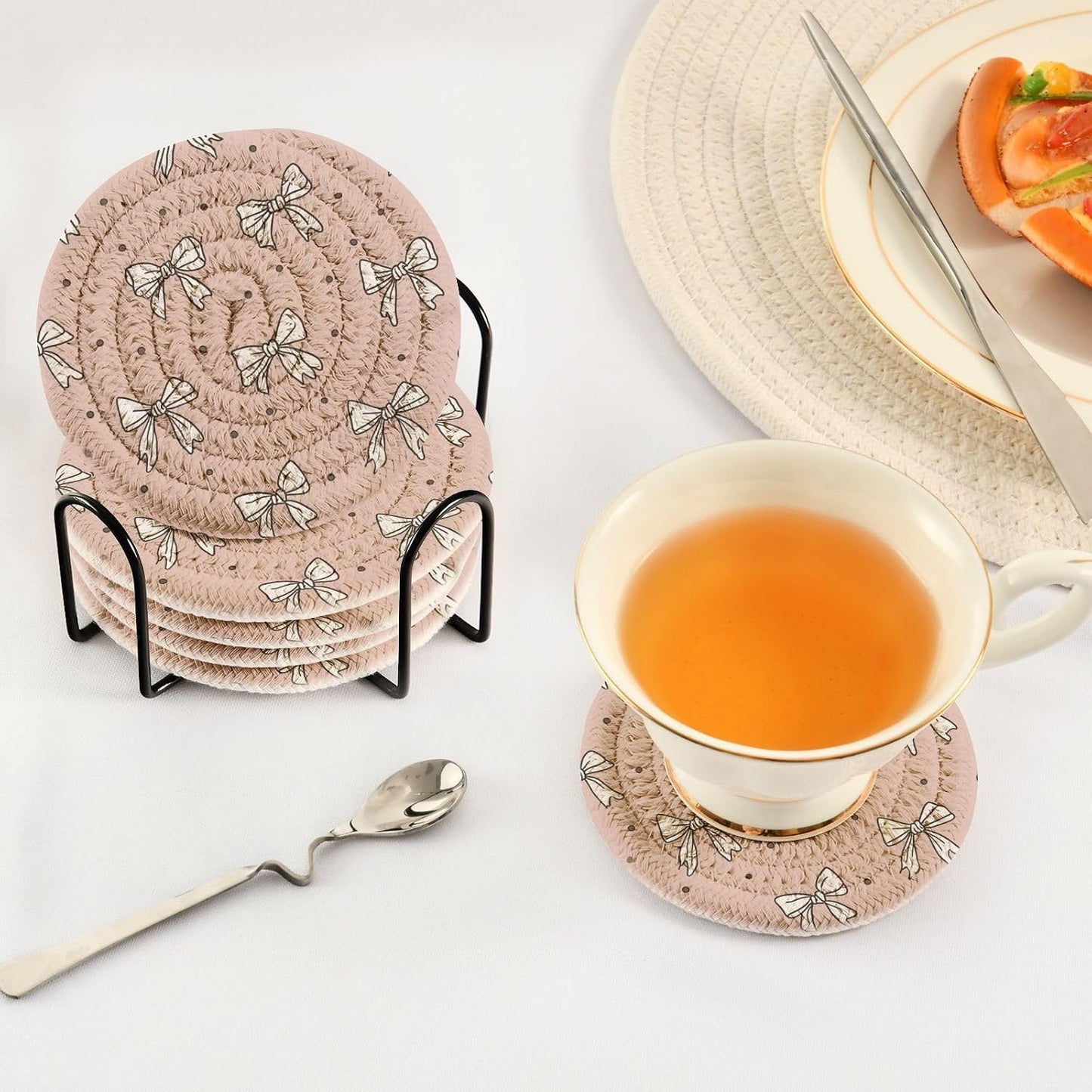 Bar Coasters for Drink with Holder Cute Bow Light Pink Cute Coaster Set of 6 Cotton Woven Coaster for Coffee Table, Bistro Tabletop,Kitchen Home Decor