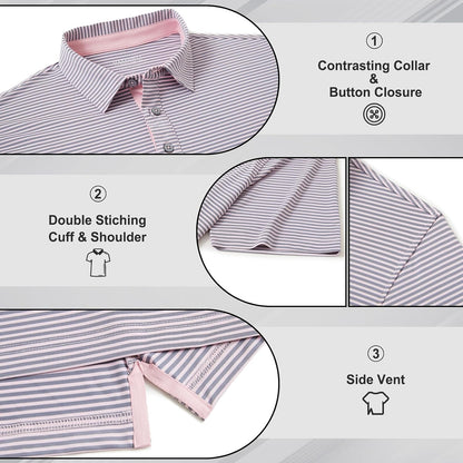 Men's Golf Polo Shirts - Moisture Wicking High Performance Short Sleeve Striped Collared Sports Casual Shirt