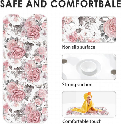 Pink Flower Leaves Bath Mat Non Slip, Floral Rose Spring 40 X 16 Inch Extra Long Bathtub Shower Mat for Tub Anti Slip with Suction Cups and Drain Holes for Kids Adults Elderly