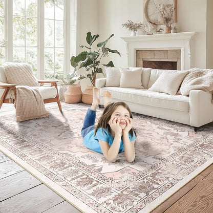 BESTSWEETIE 5x7 Area Rug Washable Rugs for Living Room, No Pile Boho Carpet for Entryway Bedroom Dinning Room, Vintage Carpet Print Distressed Non-Slip, 5 x 7 ft, Pink Beige Grey