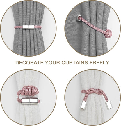 NICEEC 2 Pack Mini Magnetic Curtain Tiebacks Modern Simple Style Drape Tie Backs Elegant Hand Weave Rope Knot Decorative Curtain Holdbacks for Home & Office Window Drapery (Pink)