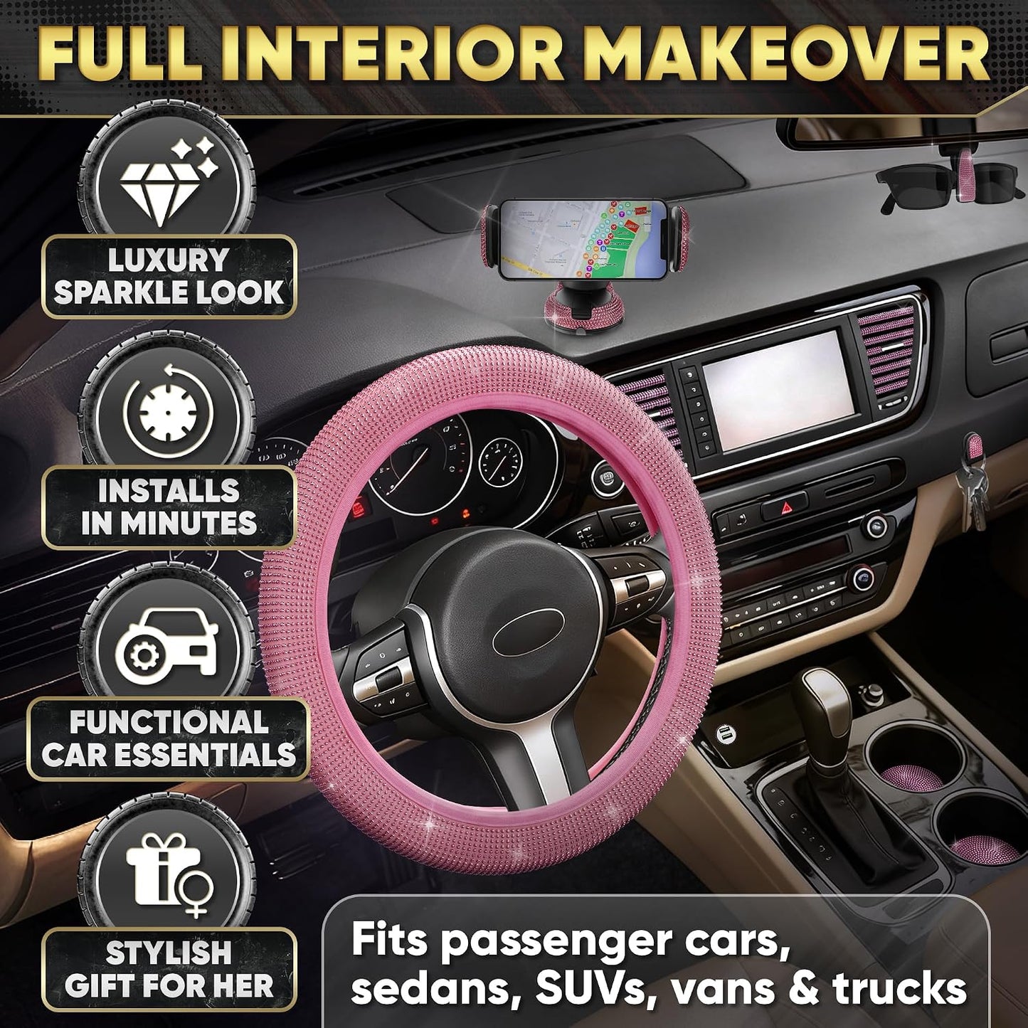 Pink Car Accessories Set, 27 Pieces – Bling Car Accessories for Interior Styling with Rhinestone Details for Daily Use, Universal Fit Kit for Steering Wheel, Vents, Mirror Area, Great Gift for Women